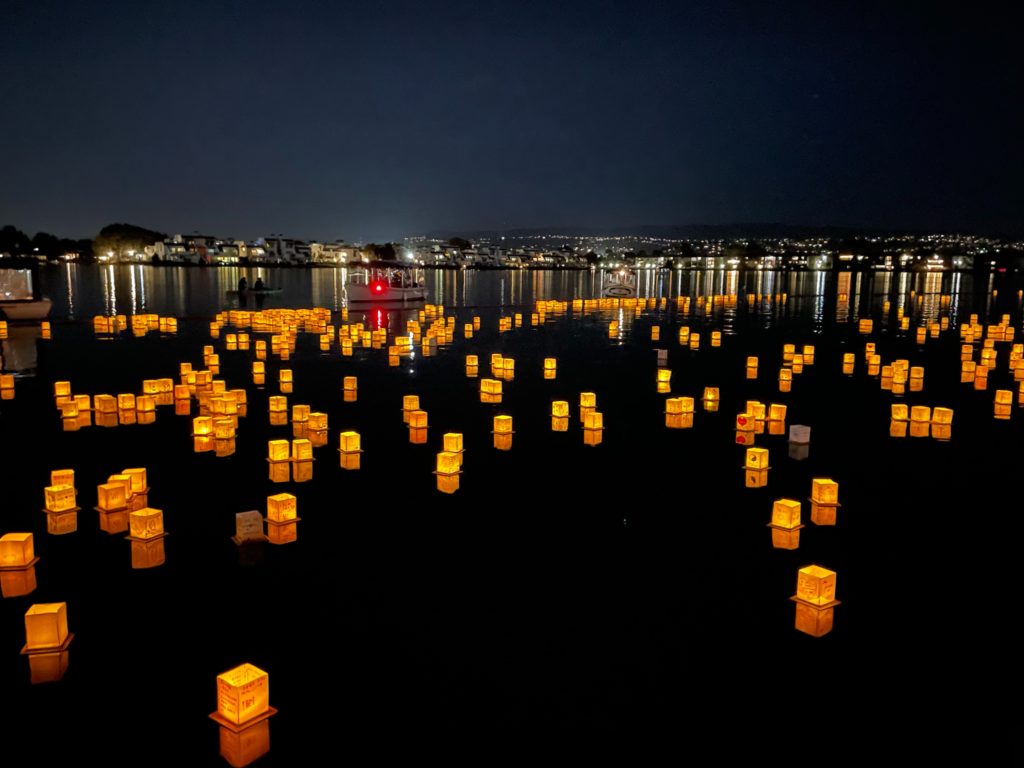 Floating lanterns on lake