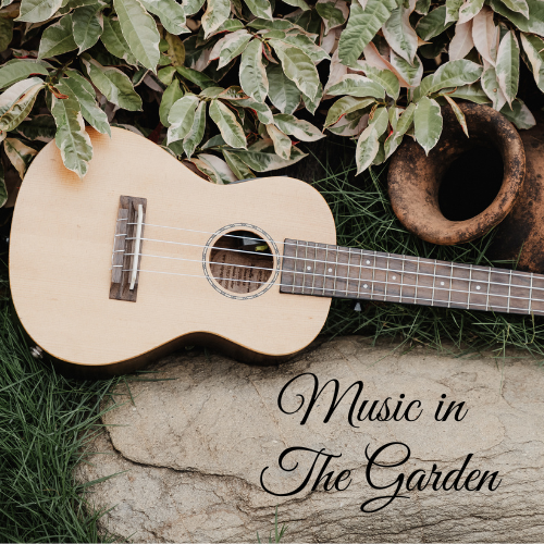 Guitar laying on its side on a rock with foliage