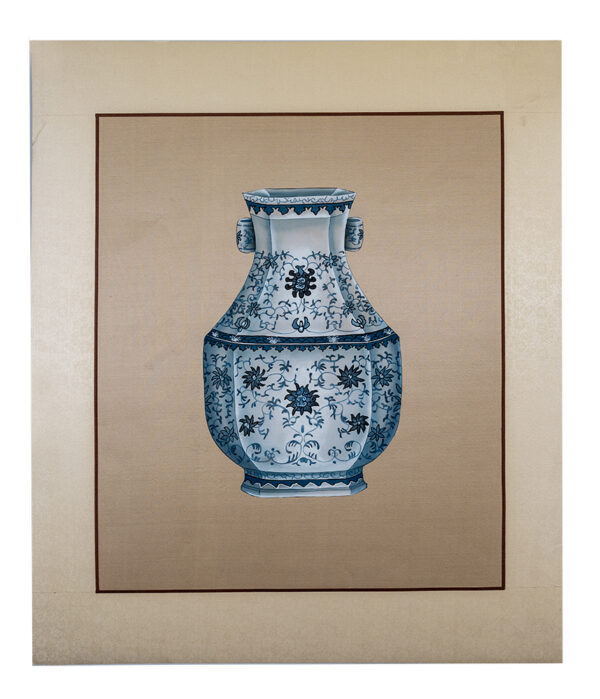Asian watercolor painting on silk paper, vessel, 16x20
