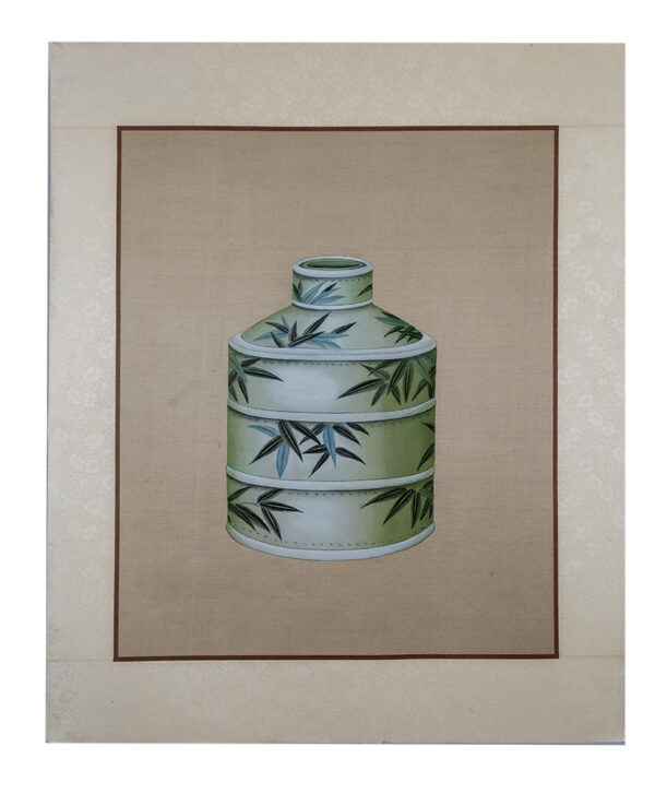 Asian bamboo watercolor painting on silk paper, vessel, 14x18