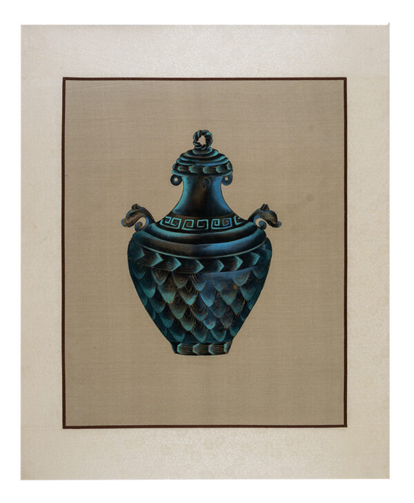 Asian watercolor painting on silk paper, vessel, 16x20