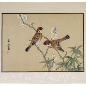 Asian watercolor painting on silk paper, Birds, 12x16