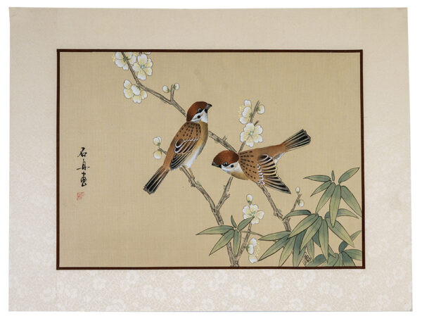 Asian watercolor painting on silk paper, Birds, 12x16