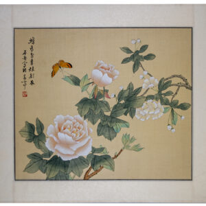 Asian watercolor painting on silk paper, orange butterfly with white blossoms, 16x20
