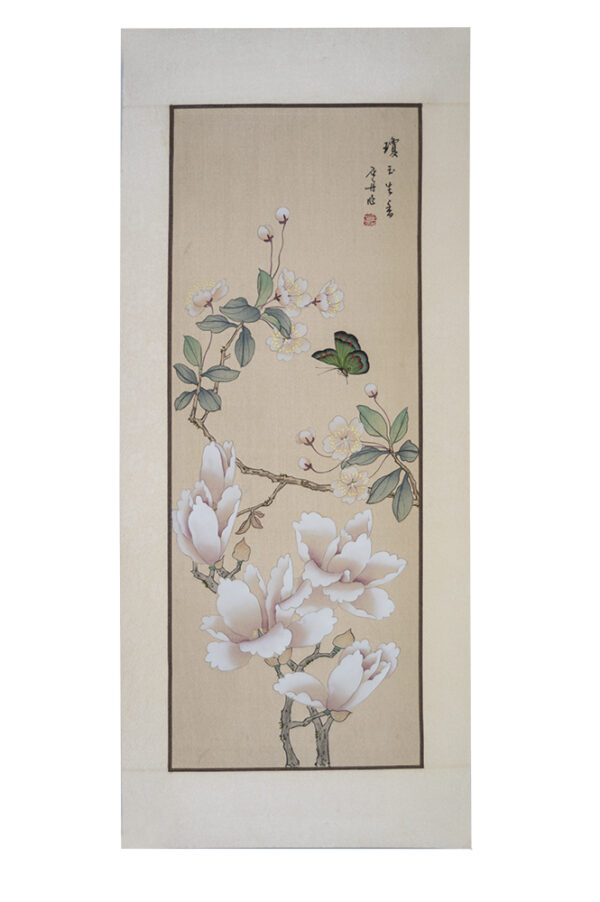 Asian watercolor painting on silk paper, green butterfly with white blossoms, 10x24