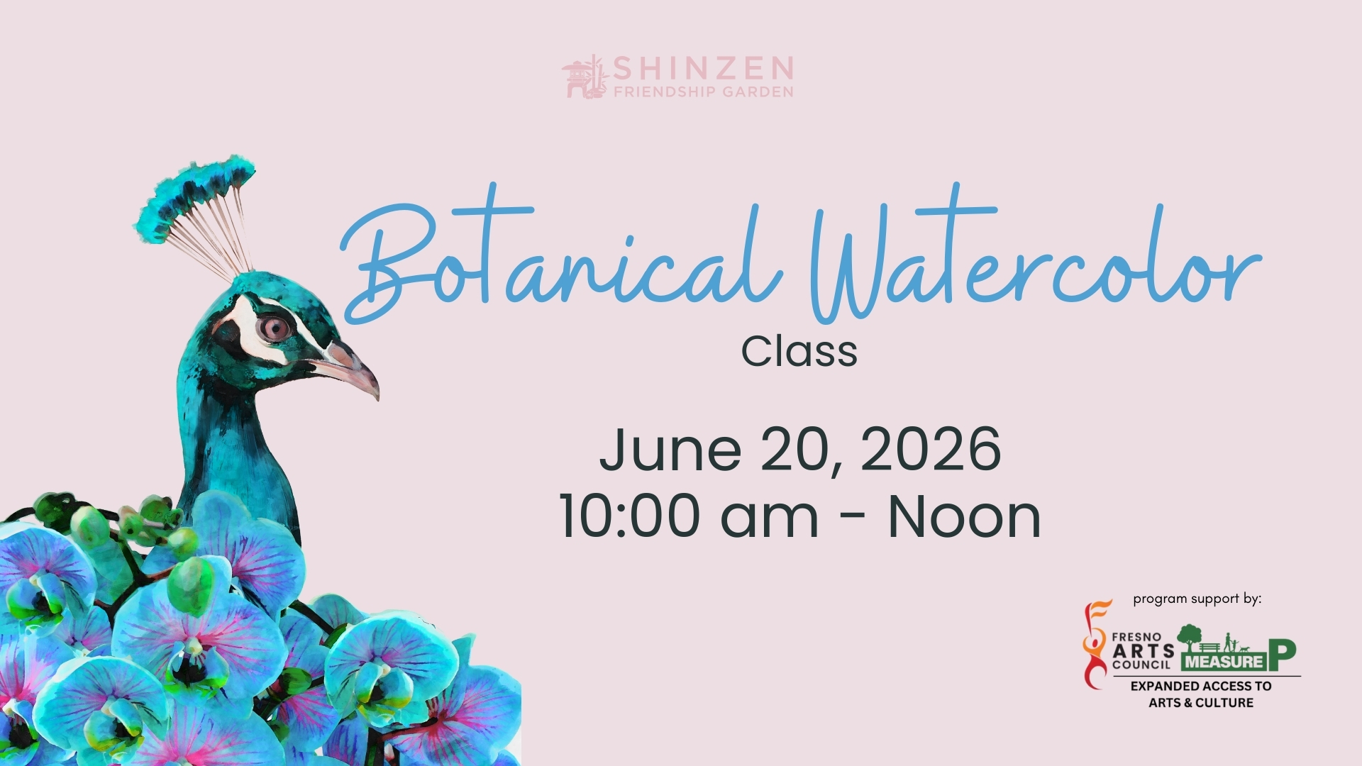 botanical watercolor at shinzen garden on june 20 - peacock