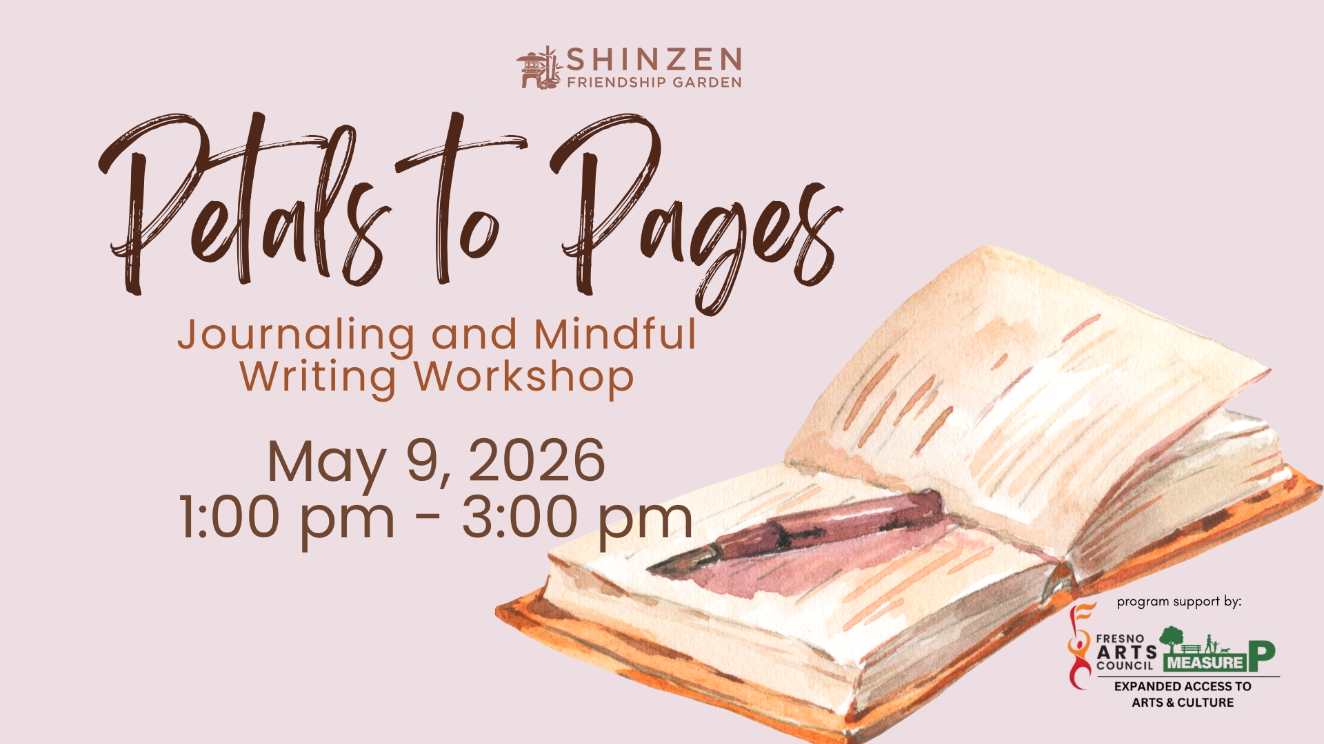 petals to pages journal writing workshop on may 9 from 1pm - 3pm at shinzen garden
