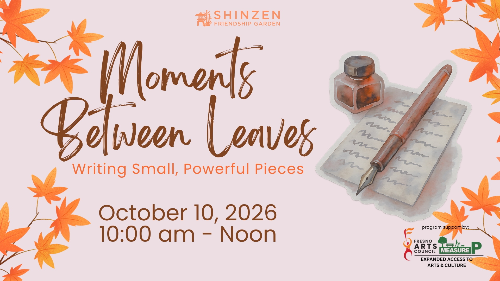 moments between leaves writing workshop at shinzen garden on october 10, 2026 from 10 am till noon